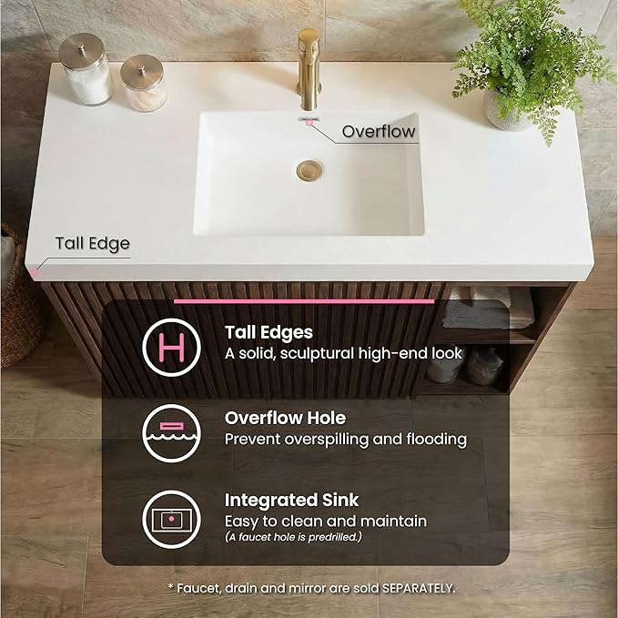 48" Bathroom Vanity with Sink Combo, Mid Century Modern Bathroom Cabinet with Doors & Open Shelf, Glossy White Integrated Sink with Overflow, Brown Walnut