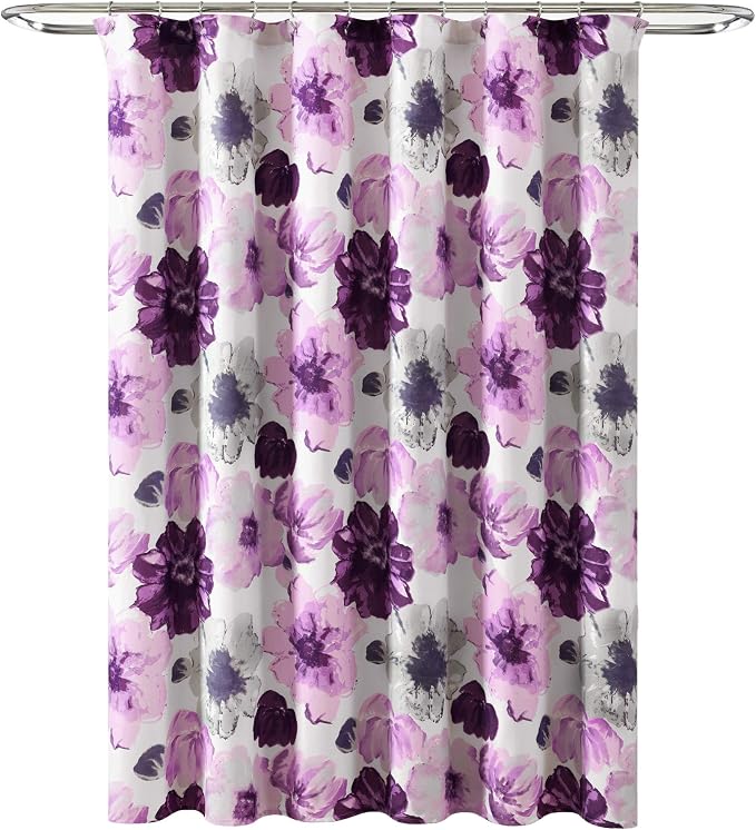 Lush Decor Leah Floral Shower Curtain, 72" W x 72" L, Gray/Purple - Fabric Shower Curtains - Watercolor Botanical Bathroom Curtain - Farmhouse & French Country Decor
