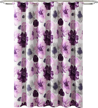 Lush Decor Leah Floral Shower Curtain, 72" W x 72" L, Gray/Purple - Fabric Shower Curtains - Watercolor Botanical Bathroom Curtain - Farmhouse & French Country Decor