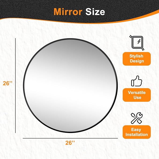 26 Inch Black Round Circle Mirror for Bathroom Wall, Metal Frame | HD tempered glass for clear, distortion-free reflection. Mounting hardware included for vertical or horizontal wall mount.
