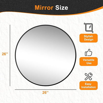 26 Inch Black Round Circle Mirror for Bathroom Wall, Metal Frame | HD tempered glass for clear, distortion-free reflection. Mounting hardware included for vertical or horizontal wall mount.