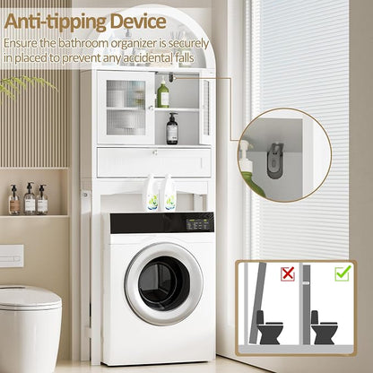 Spurgehom Over The Toilet Storage Cabinet with Glass Door (White) | Freestanding Bathroom Shelf Equipped with Anti-Tipping Device, Space-Saving Vertical Toiletries Storage Cabinet