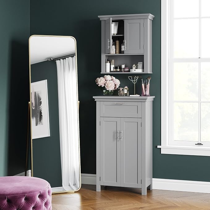 RiverRidge Somerset Two-Door Floor Cabinet, Gray | Laundry Room Linen Cabinet, Bath Medicine Floor Cabinet with Easy-Slide Drawer, Adjustable Interior Shelf