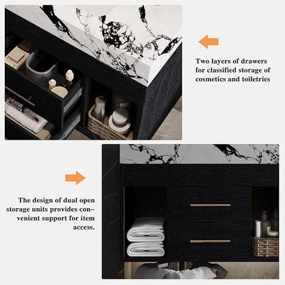 30" Modern Black Bathroom Vanity Sink Set Wall-Mounted Bathroom Vanities with Marble Sintered Stone Top&Ceramic Sink 30 inch Floating Bathroom Sink Cabinet with 2 Drawers&2 Cabinets