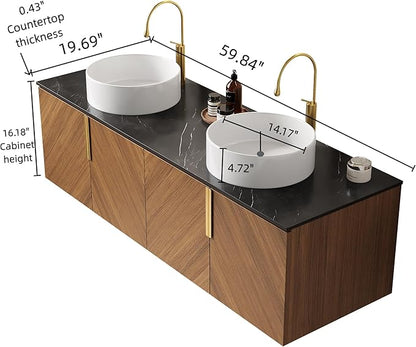 Bathroom Vanity with Double Sink, Floating Vanity with Round Vessel Sink 60 Inch, Wall-Mounted Plywood Bathroom Sink Cabinet with 4 Doors, Black Sintered Stone Countertop, Brown Oak