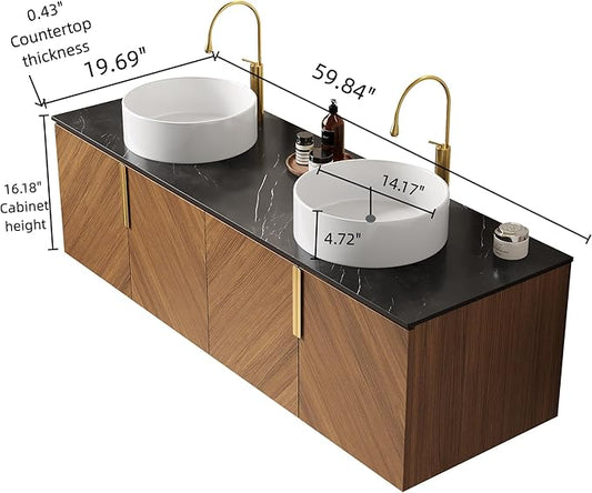 Bathroom Vanity with Double Sink, Floating Vanity with Round Vessel Sink 60 Inch, Wall-Mounted Plywood Bathroom Sink Cabinet with 4 Doors, Black Sintered Stone Countertop, Brown Oak