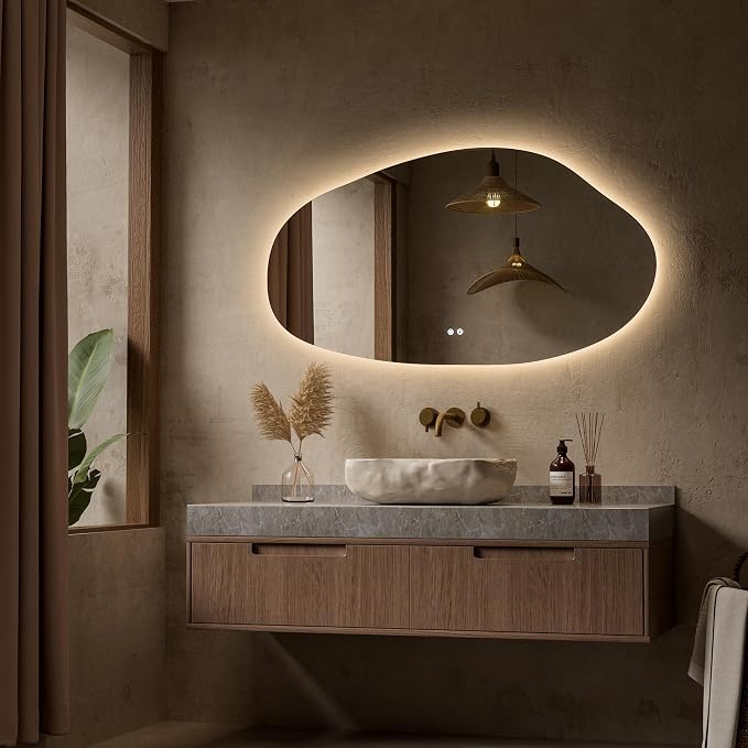 Keonjinn Irregular LED Mirror for Bathroom 55 x 30 Inch, Tempered Glass | Asymmetrical Backlit Bathroom Mirror, Stepless Dimmable with 3 Colors, Fast Defogging, Memory Function, Plug-in/Hardwired