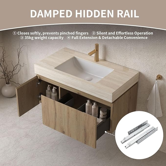 Bathroom Vanity with Sink 36 Inch, Floating Bathroom Vanity Sink Cabinet with Drawer and Door, Undermount Sink & Travertine-Pattern Sintered Stone Top, Pre-Assembled, White Oak