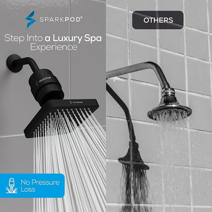 SparkPod Filtered Shower Head, 23-Stage, 6" Square, Black Matte | Showerhead for Hard Water, High Pressure, Reduces Chlorine, Heavy Metals, For Dry Skin & Hair, Removable Capsule Filter