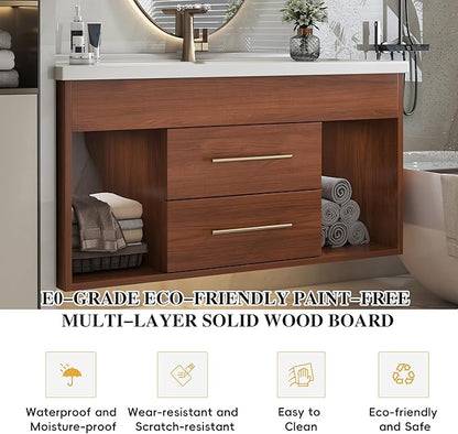 36 inch Modern Floating Bathroom Vanity with Sink, Wall Mounted Solid Wood Bathroom Cabinet with Ceramic Sink, 2 Soft Closing Drawers & Open Storage Shelves, Bronze Metal Handle, Walnut