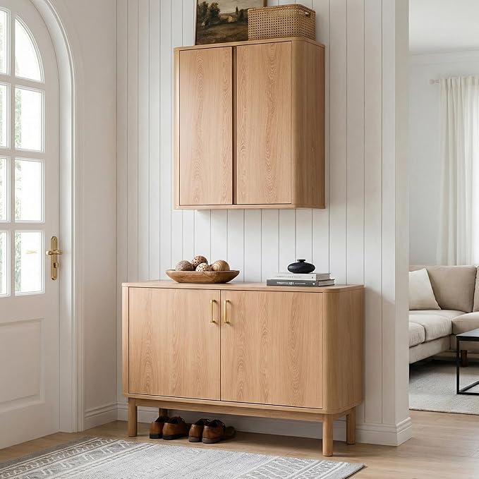 Wall Mounted Bathroom Cabinet, Premium Medicine Cabinet with Safe Rounded Edges, 2-Door Wood Storage Organizer with Adjustable Shelves for Laundry, Kitchen