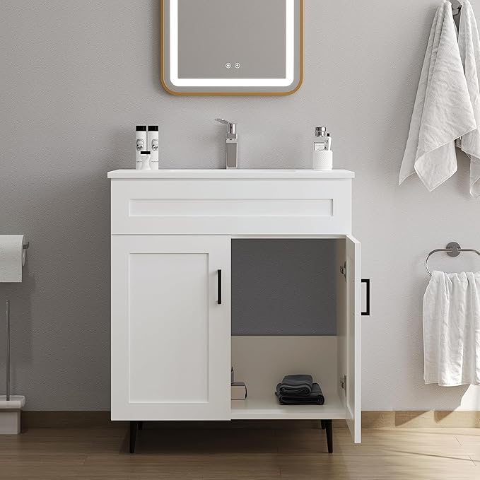 30 Inch Bathroom Vanity with Sink, Modern Wooden Freestanding Bathroom Storage Cabinet with 2 Doors and 1 Drawer, Metal Legs, Painted Surface, White