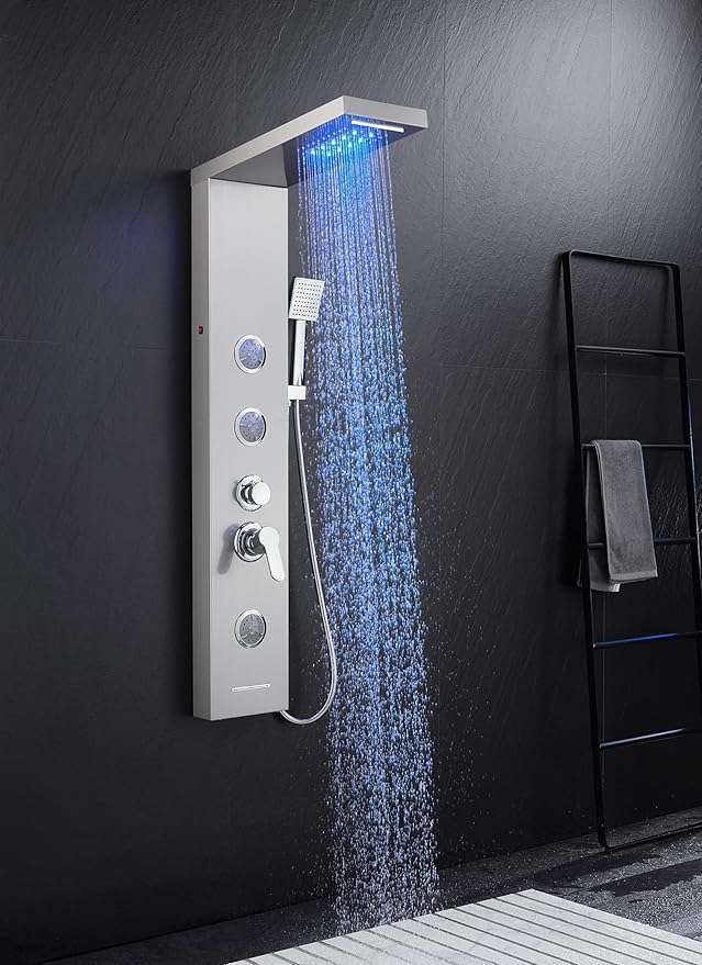 5 in 1 Shower Panel Tower System with LED Lights, Rainfall and Waterfall Shower Head, 3 Pcs Adjustable Body Jets, Handheld Shower, Tub Spout (Brushed Nickel)