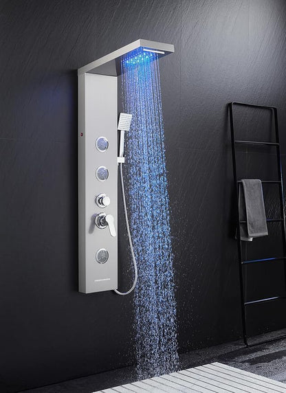 5 in 1 Shower Panel Tower System with LED Lights, Rainfall and Waterfall Shower Head, 3 Pcs Adjustable Body Jets, Handheld Shower, Tub Spout (Brushed Nickel)