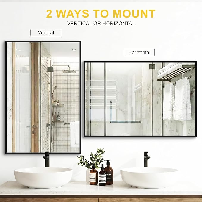 Bathroom Mirror for Wall, 2 Pack 20"x30" Black Vanity Mirror | Sturdy Rectangular Metal Frame, HD Tempered Glass, Hangs Horizontally or Vertically in Bedroom, Living Room, Entryway