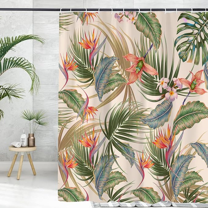 Tropical Shower Curtain, Colourful Leaves Floral Palm Leaf Hawaiian Botanical Plant Bathroom Curtain, Waterproof Cloth Fabric Bath Curtain with Hooks 72 x 72 inch