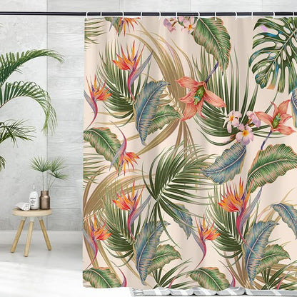 Tropical Shower Curtain, Colourful Leaves Floral Palm Leaf Hawaiian Botanical Plant Bathroom Curtain, Waterproof Cloth Fabric Bath Curtain with Hooks 72 x 72 inch