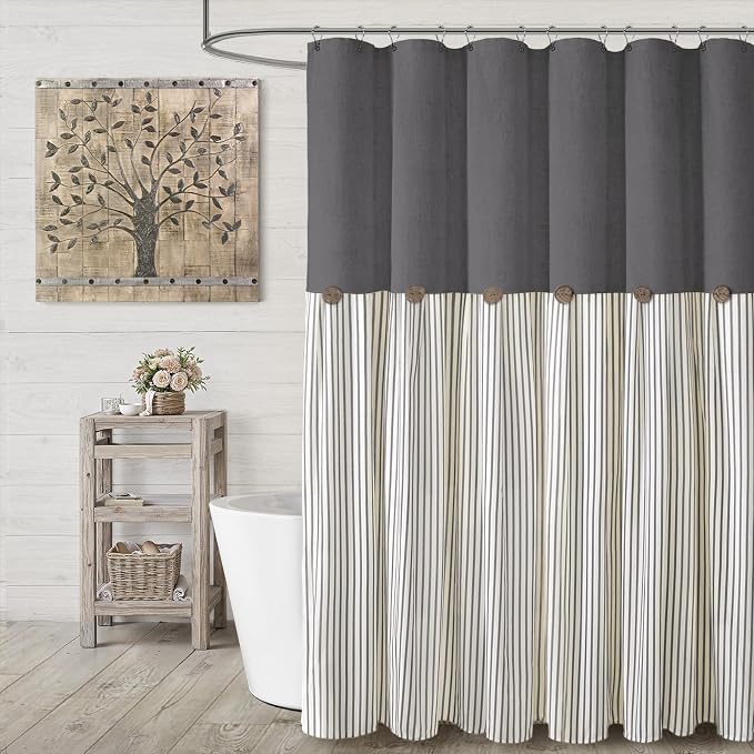 Farmhouse Shower Curtain Button Grey-Grey Stripe 72" W x 72" L | Farmhouse Style, Chic Button, Striped, Linen Fabric, Rustic, Country, Natural Look, Washable, for Bathroom Bathtub