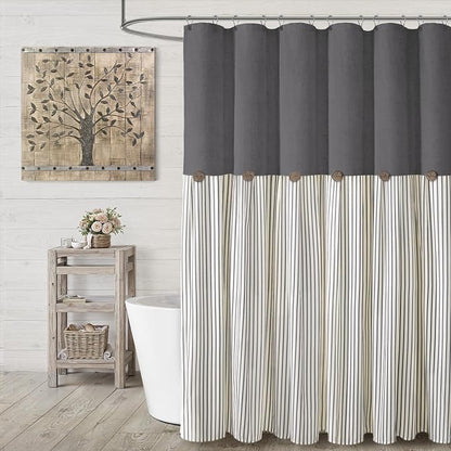 Farmhouse Shower Curtain Button Grey-Grey Stripe 72" W x 72" L | Farmhouse Style, Chic Button, Striped, Linen Fabric, Rustic, Country, Natural Look, Washable, for Bathroom Bathtub