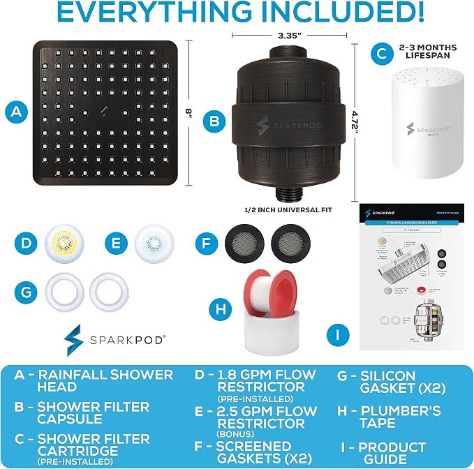 SparkPod Filtered Shower Head, 23-Stage, 8" Square, Oil-Rubbed Bronze | Showerhead for Hard Water, High Pressure, Reduces Chlorine, Heavy Metals, For Dry Skin & Hair, Removable Capsule Filter