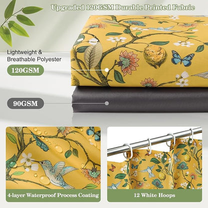 Yellow Floral Bird Shower Curtain 72x75, Hummingbird and Lemon Botanical Fabric Bath Curtains, Lightweight Quick-Dry Bathroom Decor Set with Hooks