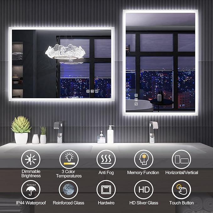 SBAGNO 24''x32'' LED Bathroom Mirror with Lights, Bathroom Vanity Wall Mirror with Bluetooth, Anti-Fog, Stepless Dimmable, 3 Colors, Tempered Glass Lighted Vanity Smart Mirror for Bathroom