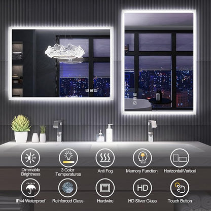 SBAGNO 24''x32'' LED Bathroom Mirror with Lights, Bathroom Vanity Wall Mirror with Bluetooth, Anti-Fog, Stepless Dimmable, 3 Colors, Tempered Glass Lighted Vanity Smart Mirror for Bathroom