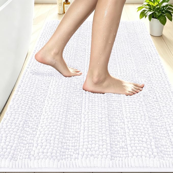 Smiry Thick Chenille Bathroom Rugs 30x20, Soft Absorbent Bath Mat, White | Quick‑Dry & Machine Washable, Non‑Slip Bath Carpet, Striped Bath Rugs for Tub & Shower, Modern Home Decor Accessories