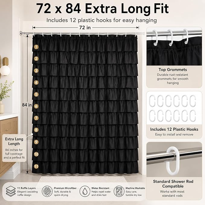 Black Gothic Shower Curtain for Bathroom, Extra-Long 72 x 84 inch, Ruffle | Cascading Layered Ruffles, 72x84, 8ft, 12 Plastic Hooks Included, Machine Washable, Soft Brushed Microfiber Fabric