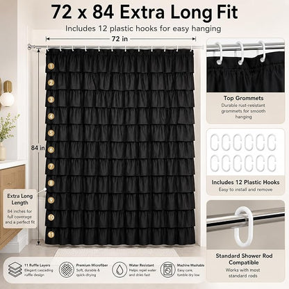 Black Gothic Shower Curtain for Bathroom, Extra-Long 72 x 84 inch, Ruffle | Cascading Layered Ruffles, 72x84, 8ft, 12 Plastic Hooks Included, Machine Washable, Soft Brushed Microfiber Fabric
