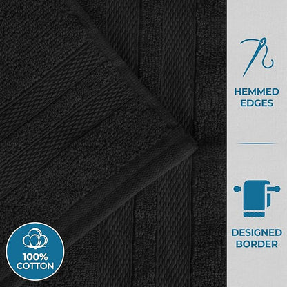 Superior Ultra-Soft Cotton Towel Set, 4 Bath Towels, 4 Hand Towels, 4 Face Towels/Washcloths, Quick-Dry, Shower, Spa Basics, Essentials, Solid, Double Line Dobby Border, 12 Piece Set, Black