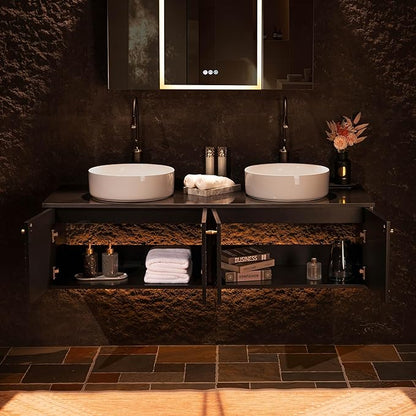 Woodbridge 60"X22" Wall Mounted Vanity with Double Ceramic Round Vessel Sinks,Black Engineered Stone Vanity Top,Floating Design with Hand-Painted Black & Gold Accents,Space-Saving for Modern Living