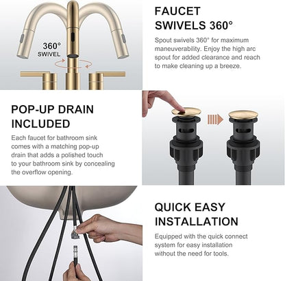 KENES Champagne Bronze Pull Down Bathroom Faucet, 4 Inch 2 Handle Centerset Bathroom Faucet 3 Hole with Pull Out Sprayer, Bathroom Vanity Faucet with Pop Up Drain & Supply Lines LJ-9069-CB