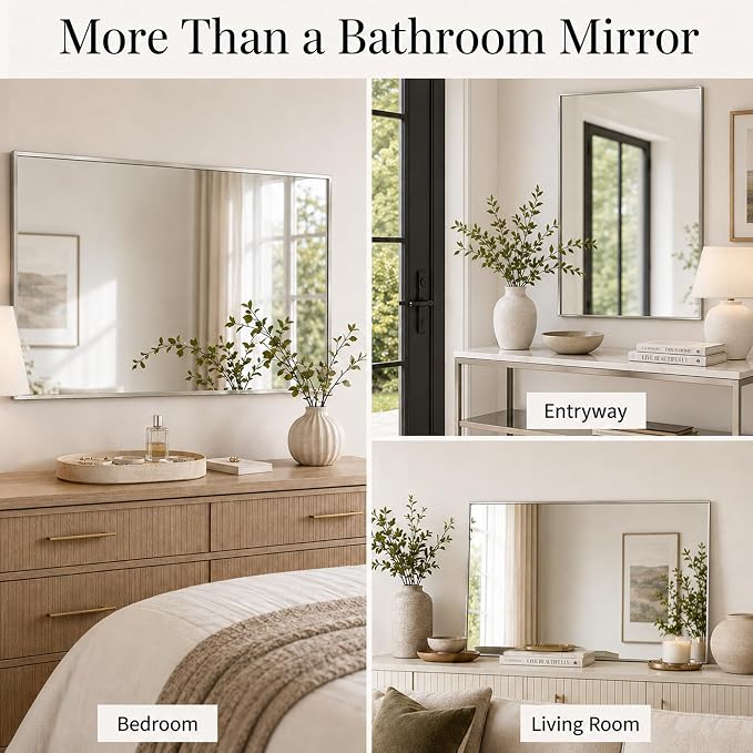 24"x36" Brushed Nickel Framed Rectangle Bathroom Vanity Wall Mirror | Over-Sink Vanity Mirror, Slim Metal Frame, Entryway or Dresser Use, Vertical/Horizontal Mount, Tempered Glass