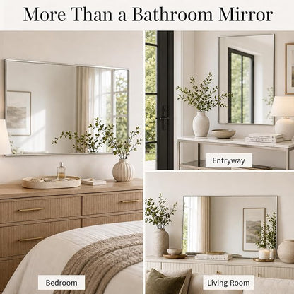 24"x36" Brushed Nickel Framed Rectangle Bathroom Vanity Wall Mirror | Over-Sink Vanity Mirror, Slim Metal Frame, Entryway or Dresser Use, Vertical/Horizontal Mount, Tempered Glass