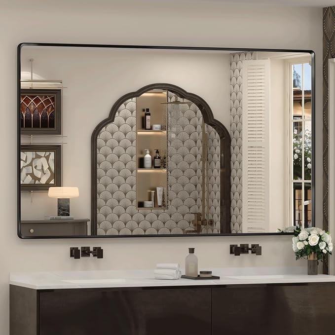 66x40 Inch Black Matte Framed Mirror for Bathroom | Rounded Rectangle Mirror, Bathroom Vanity Mirror for Wall, Anti-Rust, Shatterproof (Horizontal/Vertical)