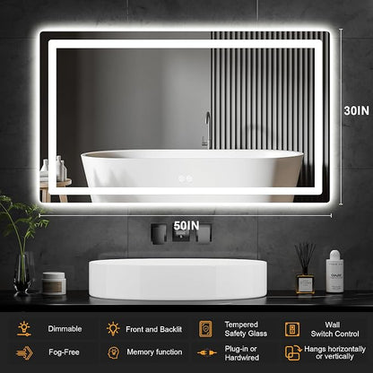 LED Bathroom Vanity Mirror with Lights, 30"x50" Lighted Wall Mirror | Front and Backlit, Anti Fog, Dimmable 3 Color Lighting, Memory Function, Shatterproof Glass, Plug in or Hardwired