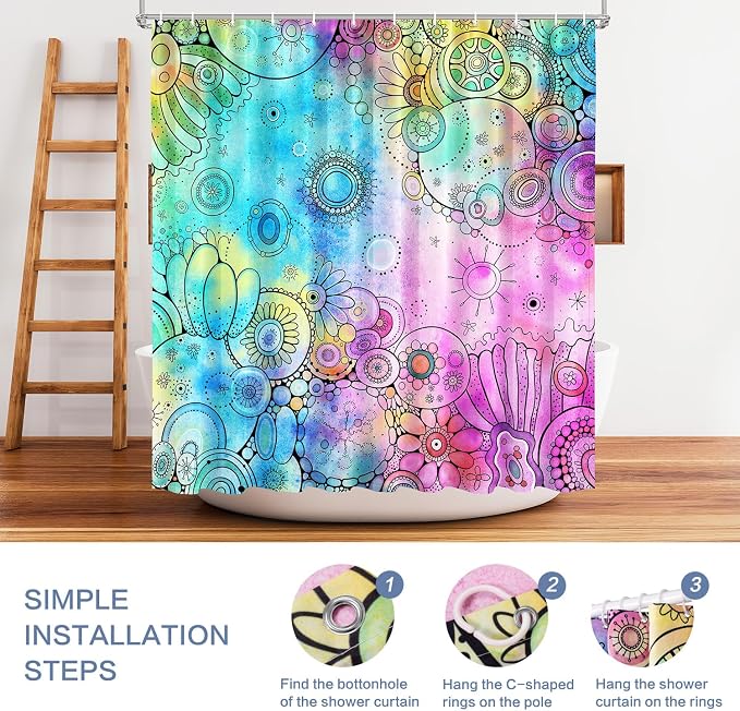 Watercolor Shower Curtain, Doodle Painting Shower Curtain Waterproof Shower Curtain Sets for Bathroom with 12 Hooks Polyester Fabric Machine Washable Home Office Decor Bath Curtain