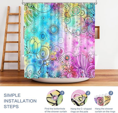 Watercolor Shower Curtain, Doodle Painting Shower Curtain Waterproof Shower Curtain Sets for Bathroom with 12 Hooks Polyester Fabric Machine Washable Home Office Decor Bath Curtain