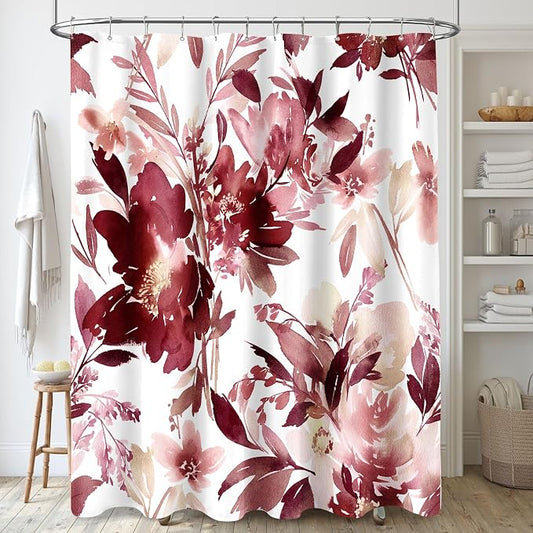 Extra Long Shower Curtain 72 x 84 Inch, Tall Burgundy Red Floral Decor | Watercolor Floral Modern Abstract Flower Bathroom Fabric Shower Curtain Set with Hooks
