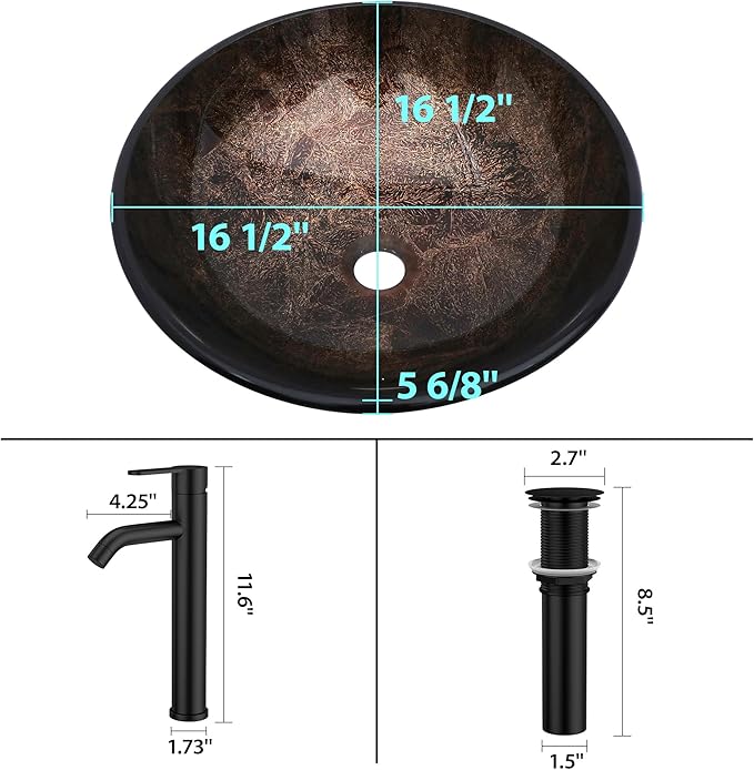 Logmey 16" Glass Bathroom Vessel Sink Vanity Countertop Round Bowl with Black Faucet and Chrome Pop up Drain Set,Glass Art Basin,Dark Bronze
