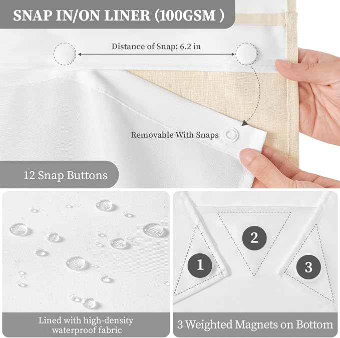 72x99 Ringless Linen Textured Shower Curtain with Snap in Liner, Cream | Extra Long Size, 3 in 1 Durable Fabric Shower Curtain, Removable Liner, Waterproof & Washable, Mesh Top Window, Easy Setup