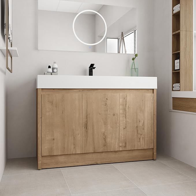48 Inch Bathroom Vanity with Sink, Imitative Oak Modern Freestanding Vanity Set with Soft-Closing Door and Resin Basin, Contemporary Styling for Elegant Bathrooms