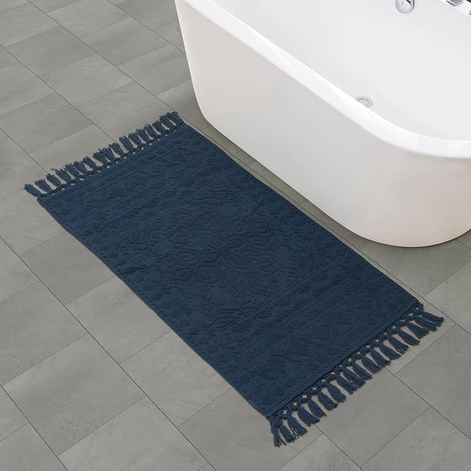 French Connection Nellore Bath Rugs, Woven and Beaded Bath Mats, Durable and Thick Bath Mats for Bathroom and Shower Rugs, 26" x 49", Navy