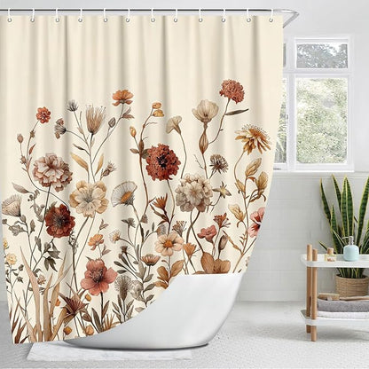 Vintage Boho Beige Floral Shower Curtain, Brown Cream Tan Rustic Farmhouse Flower Shower Curtain Set, Cute Botanical Wlidflowers Fabric Shower Curtains Decoration, 72X84 Aesthetic Bathroom Accessories