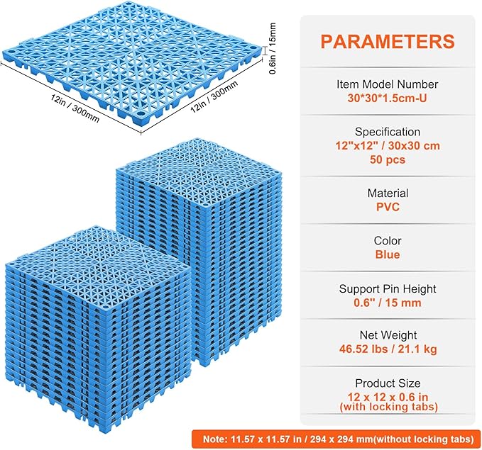 Happybuy Interlocking Tile 50PCS Blue, Drainage Tiles 12" x 12"x 0.6 Splicing, Soft PVC Interlocking Floor Tiles, Non-Slip Drainage Holes for Restroom, Bathroom, Kitchen, Pool, Wet Area