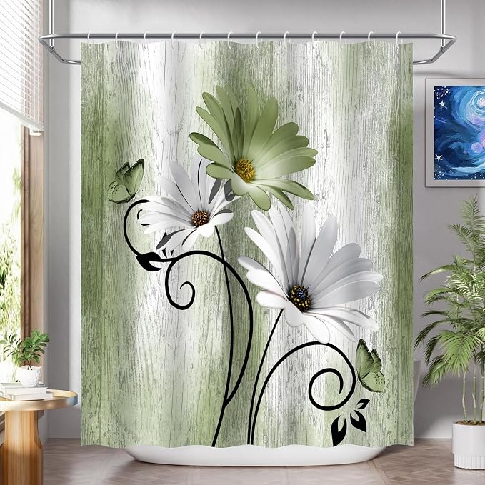 Onalasyc 4PCS Grass Green Daisy Bathroom Sets with Shower Curtain and Rugs | Country Floral Butterfly Shower Curtain Set,Modern Bathroom Decor Shower Curtains Set with Rugs Toilet Lid Cover and 12 Hooks