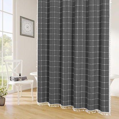Charcoal Grey Boho Farmhouse Shower Curtain for Bathroom 72x72 | French Country Plaid Tassel Shower Curtain, Rustic Aesthetic Bathroom Decor Windows Curtain