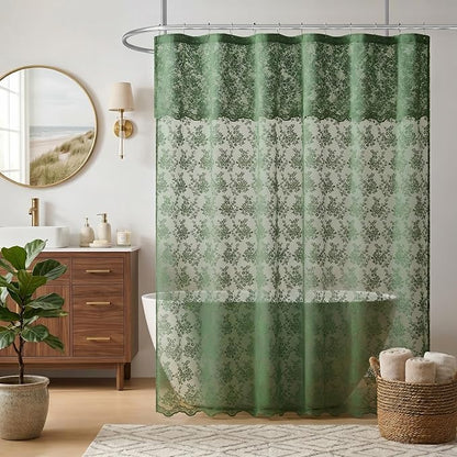 Green Lace Shower Curtain 72x84, 84 Inches Long with Attached Valance | Scalloped Trim, Floral Lace Fabric, Sheer Shower Curtain for Vintage Cottagecore Tall Bathrooms, Machine Wash