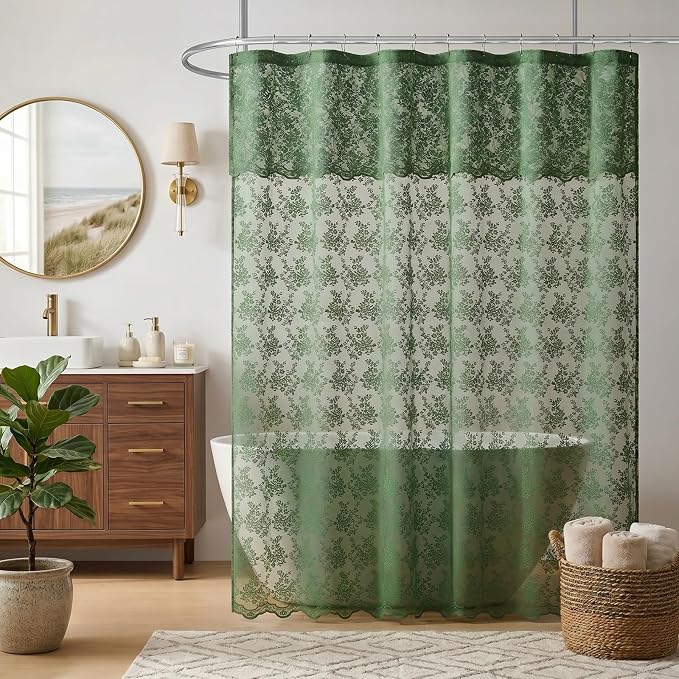 Green Lace Shower Curtain for Bathroom 72x72, Vintage with Attached Valance | Sheer Shower Curtain with Scalloped, Floral Lace, Decorative for Vintage Farmhouse, Cottagecore and Antique Bathrooms